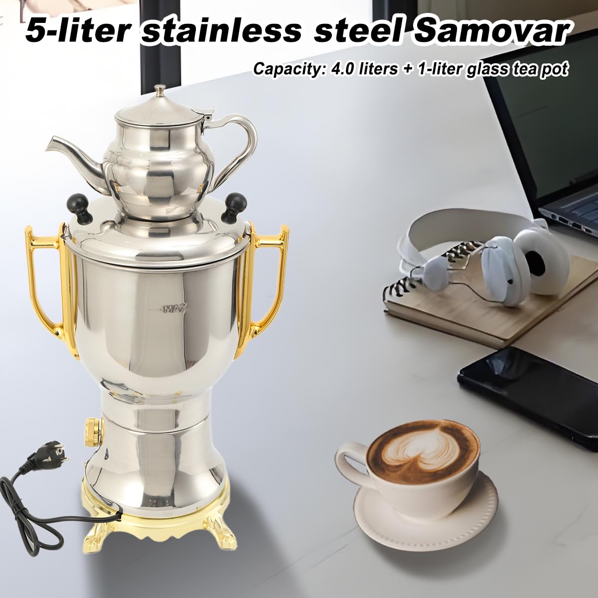 Edelstahl Holzkohle Samowar 5L, Russischer/Türkischer Samowar Elektrischer Teekocher, 4.0L Wasserbehälter + 1.0L Teekanne, 1800W Teekocher elektrisch für Hotel & Gastro geeignet