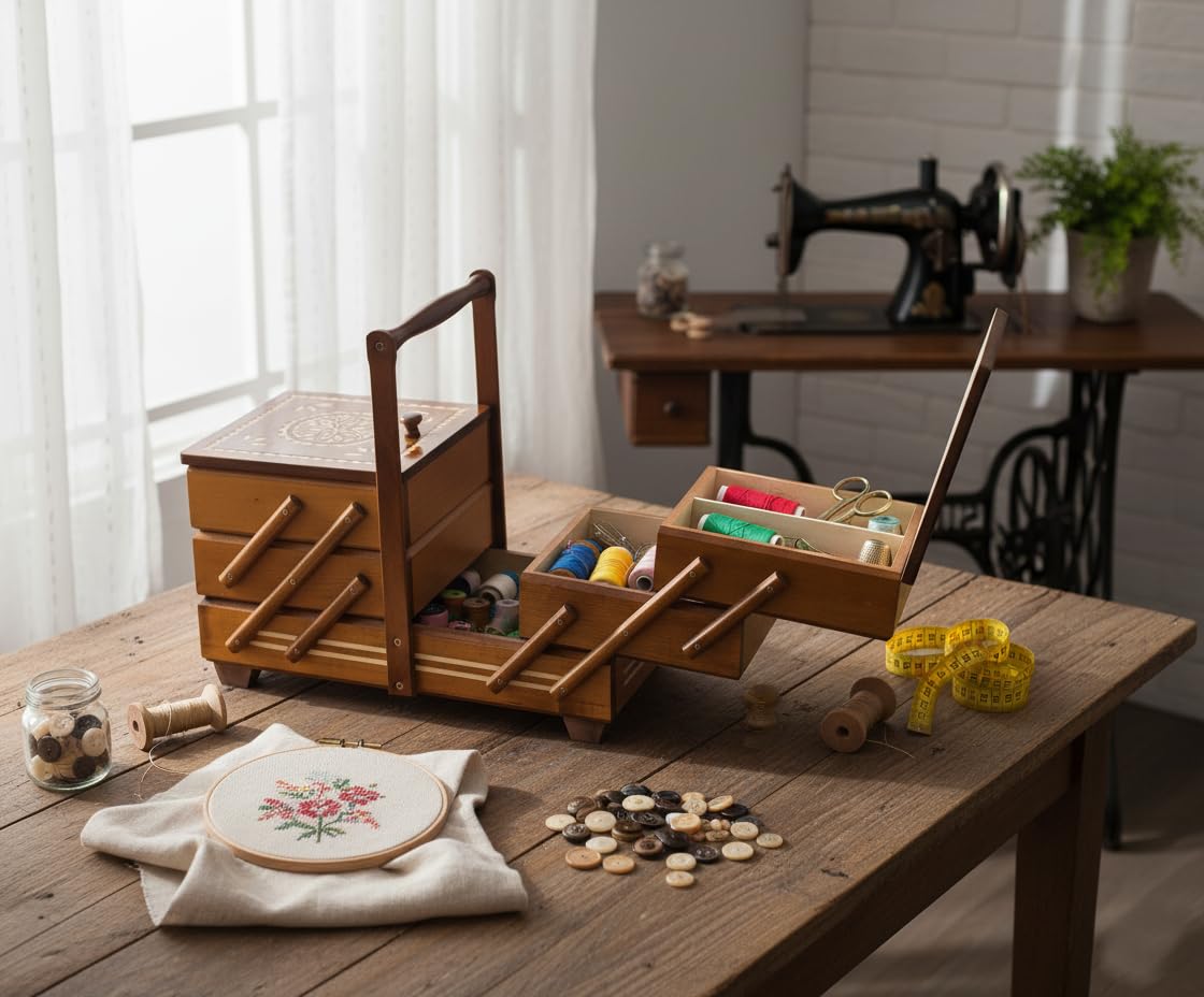 Nähkästchen Holz | Nähkasten groß | Nähkoffer mit 7 Fächern | ausziehbarer Organizer | Schmuckschatulle | dekorativer Knopfdose aus Holz | 32,5 x 40 x 22,5 cm | Farbe: Rustikale Eiche