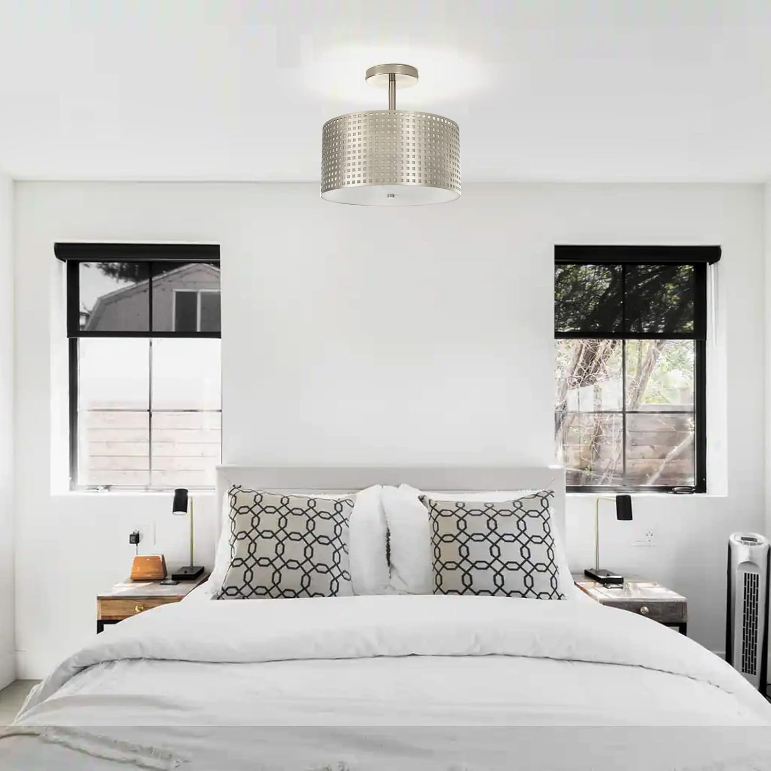 Ceiling Light Fixture - Easric 3-Lights Semi Flush Mount Ceiling Light Modern Light Fixtures Ceiling Mount with Metal Fabric Shade Drum Ceiling Lights for Bedroom,Hallway,Kitchen,Brushed Nickel Finish