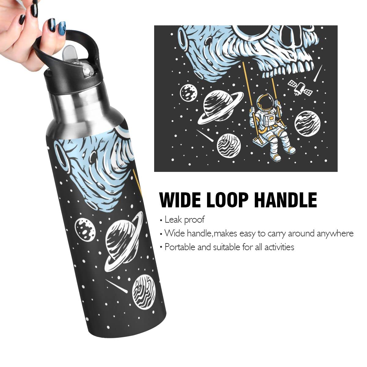 Edelstahl Wasserflasche mit Strohhalm, Spielen Schaukel auf Schädel Planet Isolierte Trinkflasche Sport Wasserflasche für Kinder Erwachsene, auslaufsicher, 1L
