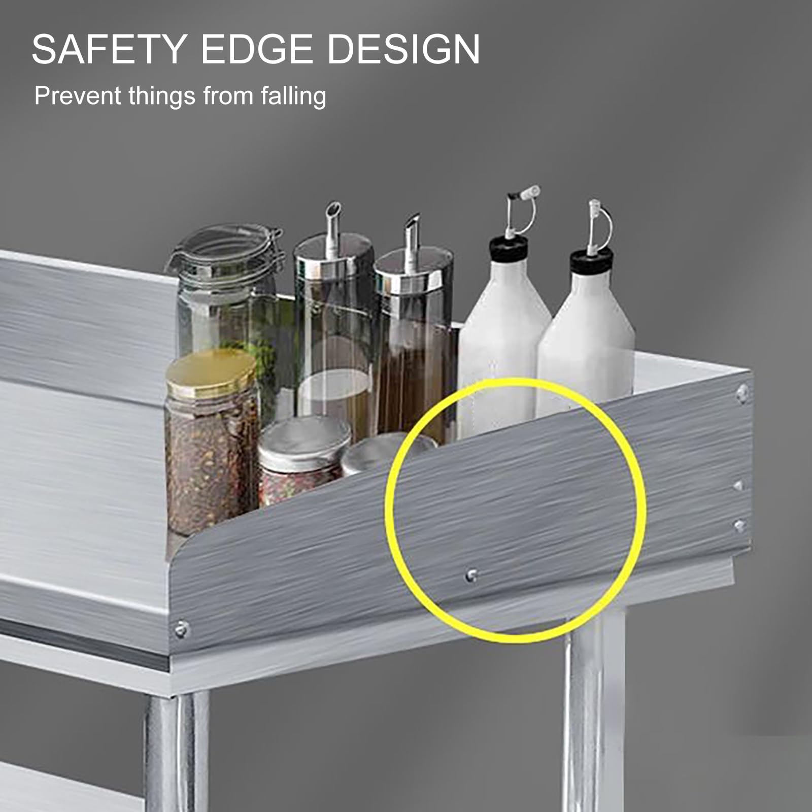 Mesa de preparación de acero inoxidable con protector contra salpicaduras de esquina, estante inferior ajustable, 3 estantes, mesa de trabajo de acero inoxidable de 90 x 50 cm para cocina y