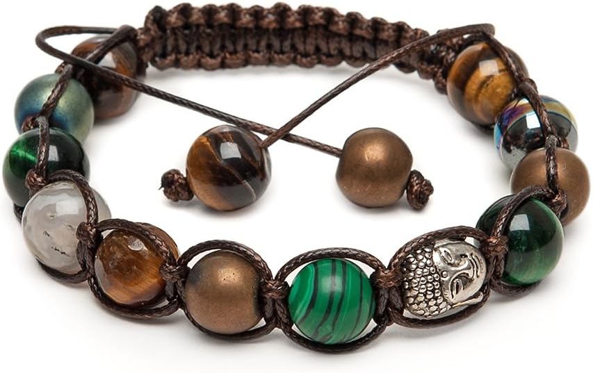 Zebredellas Bracelet Unique Imamu Labradorite Malachite Green/Brown Tigers Eye Gemstone Beads Hand-Made in Britain Zodiac: Capricorn - Leo A1