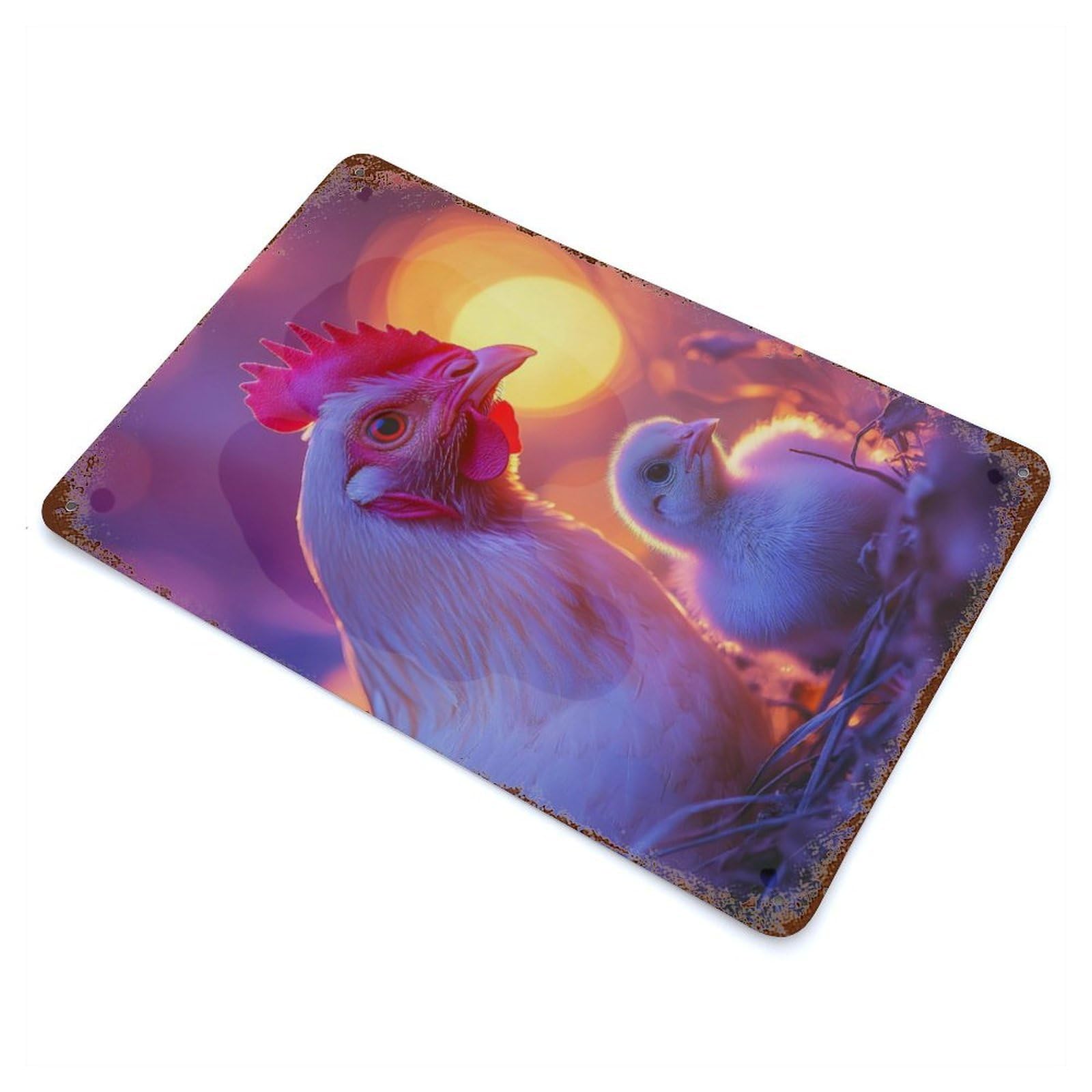 Hen And Chick at Sunset Decorative Tin Sign 11.8"x7.9", Ideal for Garage, Bar And Workshop Decor