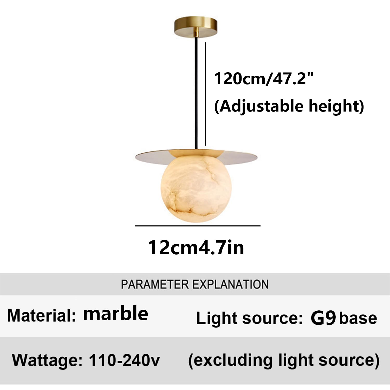 Lampadario in marmo naturale con paralume in pietra sferica
