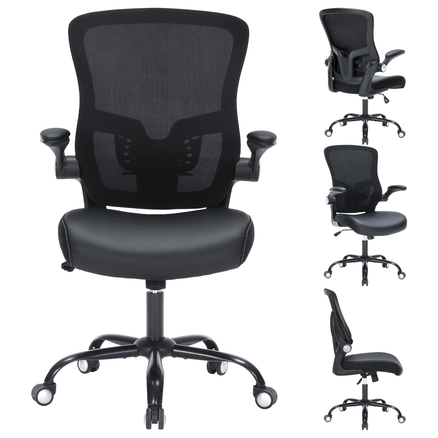 Office Chai PU Leather Cushion Ergonomic Desk Chair with Flip-Up Arms 300 LBS Home Office Desk Chairs Adjustable
