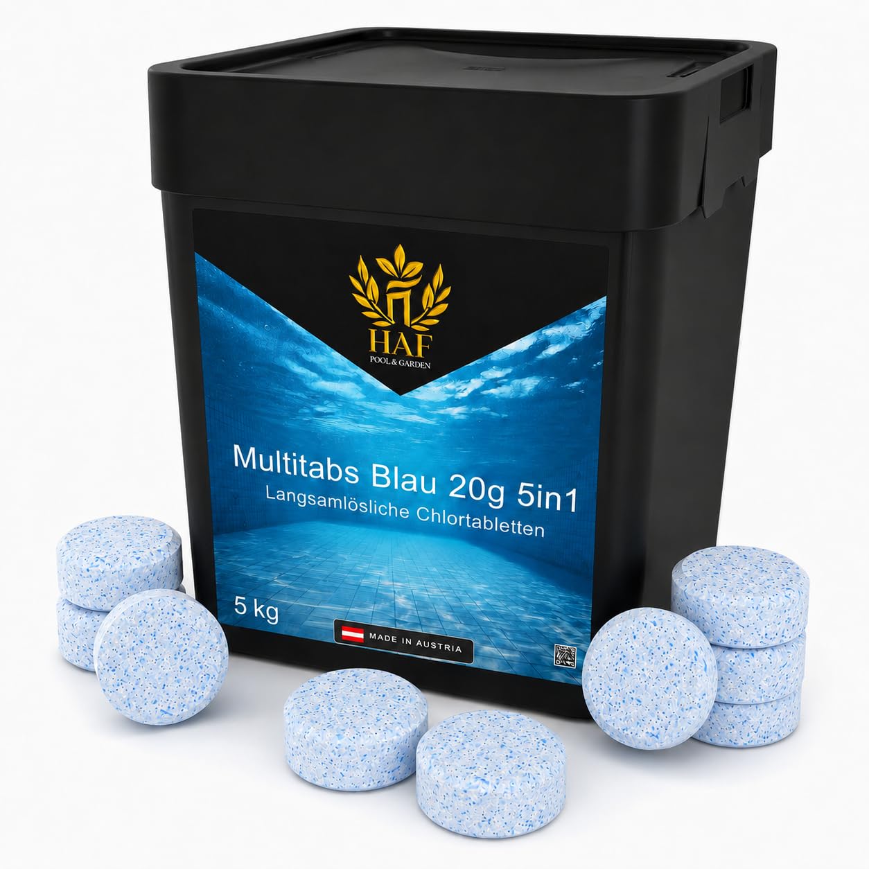 HAF Pool Chlor-Tabletten Blau (1 x 5 kg Eimer) – langsam lösliche Chlortabletten (20g pro Stück) | Chlor Multitabs 5 in 1 für Poolpflege, Desinfektion, Algenvorbeugung & hygienisch klares Poolwasser