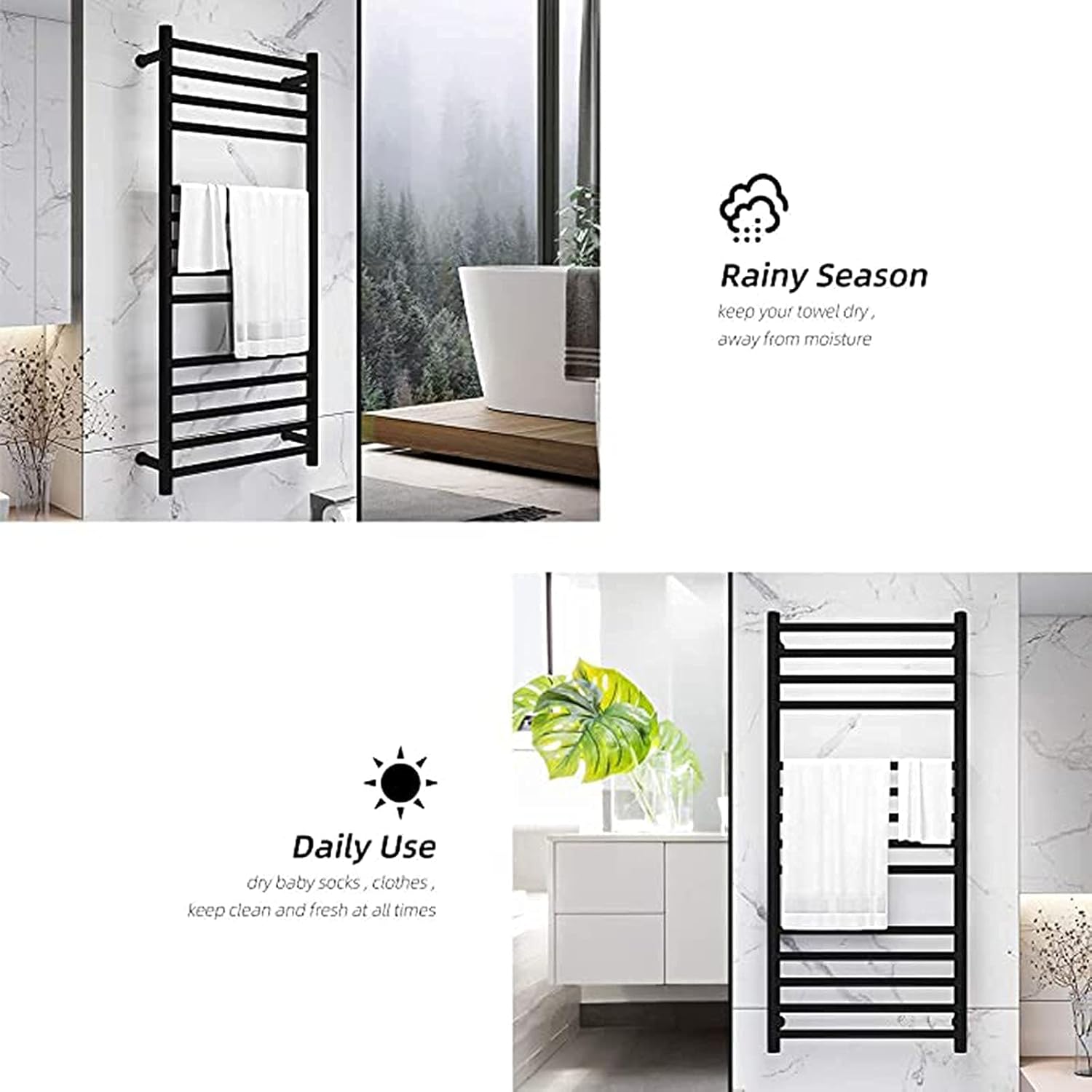 Electric Towel Warmer 14 Bar Brushed Gold Wall Mounted Heated Towel Rail Radiator 304 Stainless Steel Towel Heater Rail Quick Towel Dryer (Black-Plug in