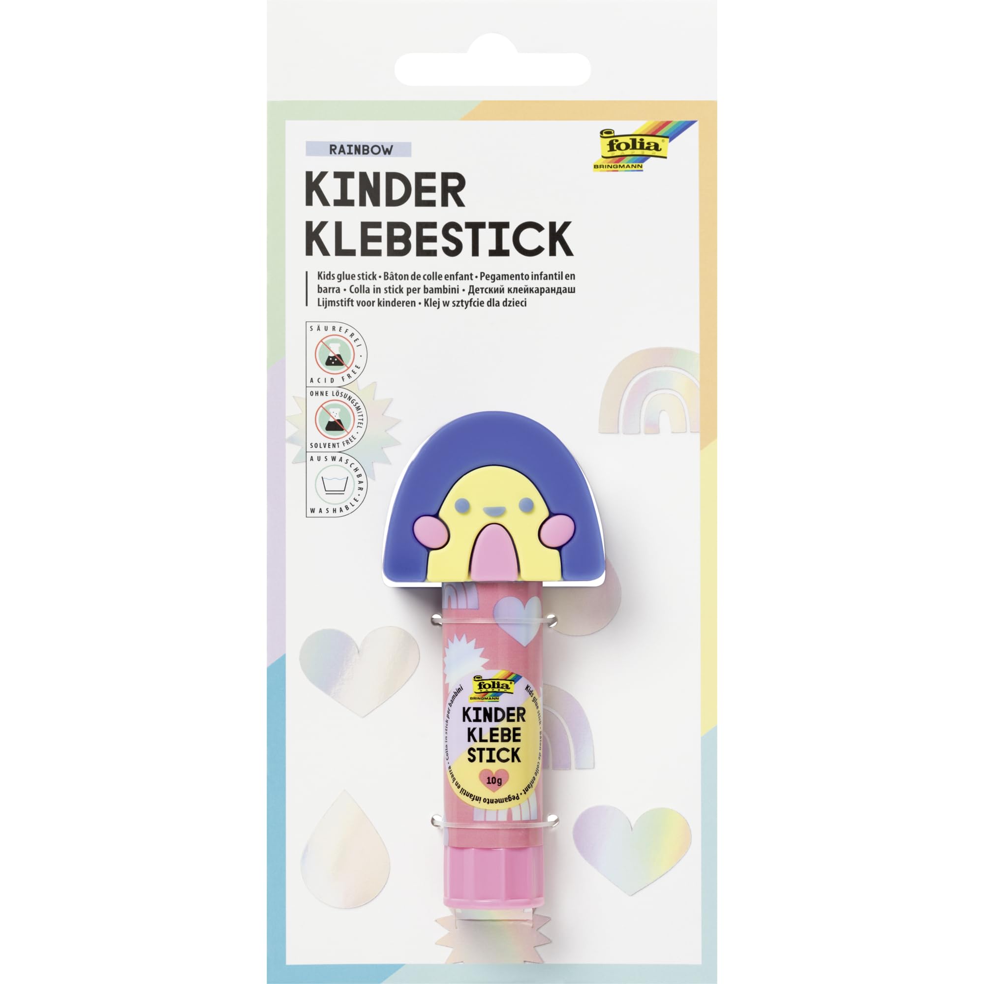 folia Rainbow 2412 2412 Children's Glue Stick, 10 g, Colourless Glue Stick with Rainbow Motif and 3D Cap, Acid and Solvent-Free, Child-Friendly Paper and Cardboard, Glue