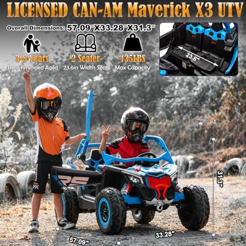 Image of NEWQIDA 2 Seater Ride On Car with Remote Control 24V 4WD Electric Car for Kids 4x4 Ride on Truck Licensed Can Am Maverick UTV Ride On Toys for Big Kids, EVA Rubber Wheels, Spring Absorbers, Blue