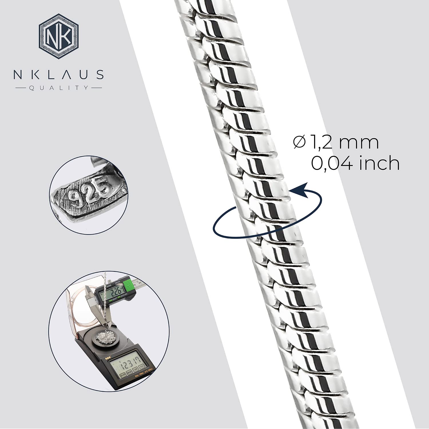 NKlaus collar 80cm cadena de serpiente redonda plata 925 collar 1,2mm de ancho cadena de plata 4085