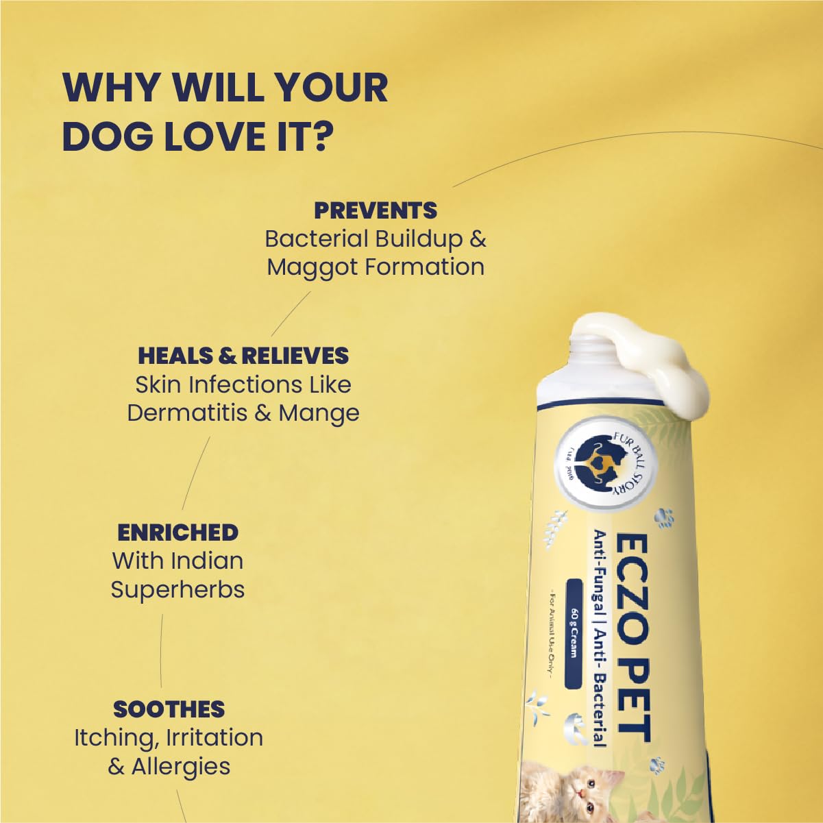 FUR BALL STORY Eczo Pet Anti Fungal & Anti Bacterial Cream|Itchy Skin Treatment for Dogs & Cats | Helps with Eczema, Ringworm, Dermatitis & Skin Infections | Ayurvedic Vet-Approved Formula 60gm 1
