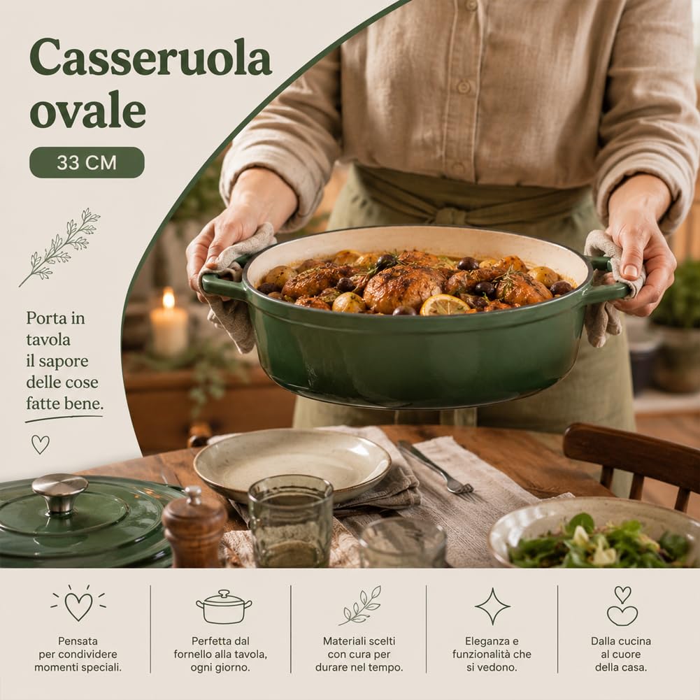 BAKAJI Casseruola Ovale in Ghisa Smaltata con Doppi Manici Ergonomici, Pentola Olandese Cocotte Ultra Resistente con Coperchio ad Alta Conservazione del Calore, per Stufati e Lunghe Cotture (Verde)