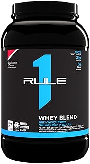 Rule 1 R1 Whey Blend, Strawberries & Creme - 1.96 lbs Powder - 24g Whey Concentrates, Isolates & Hydrolysates with Naturally Occurring EAAs & BCAAs - 27 Servings