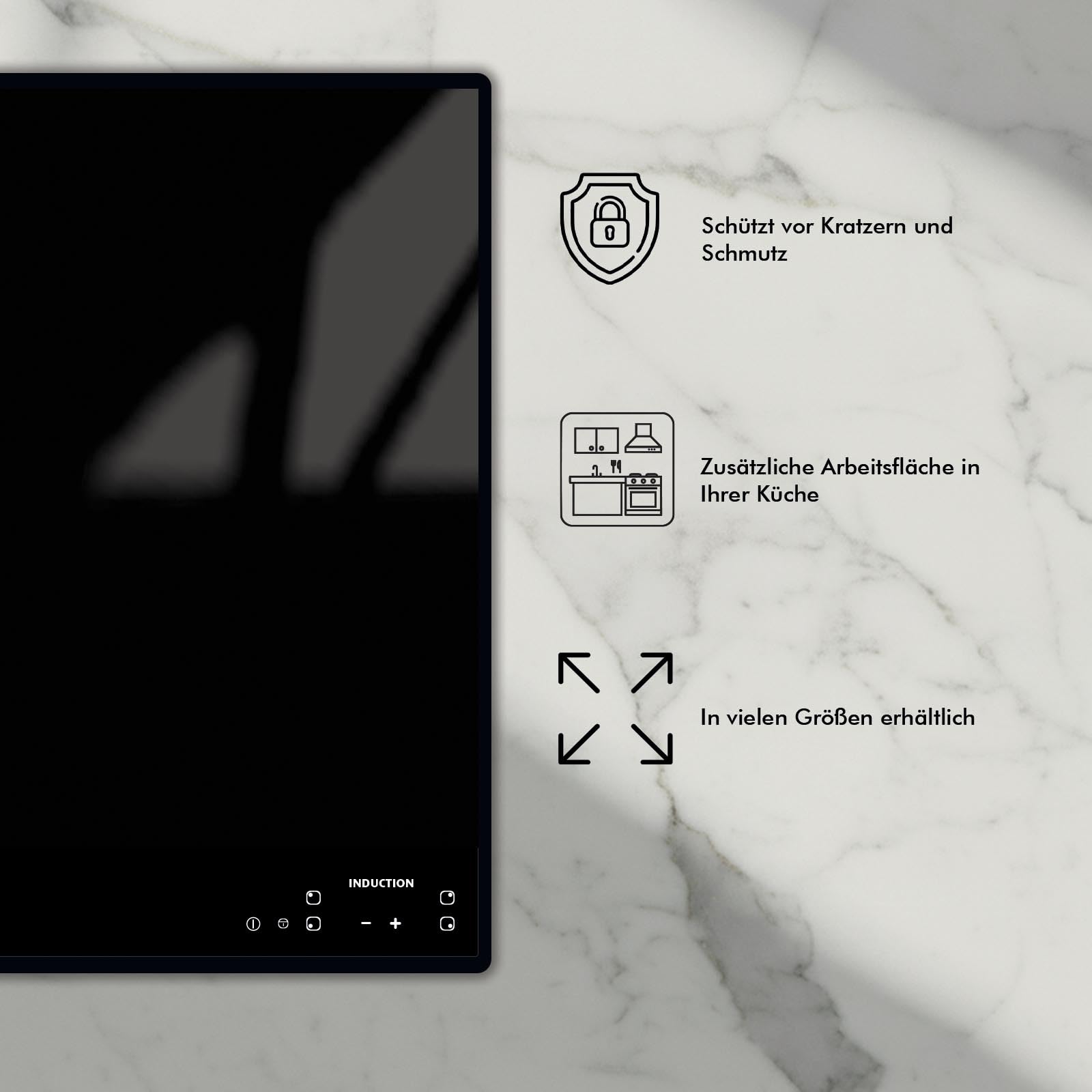 Herdabdeckung Glas Schwarz 1 Teilig 60x52 – Gehärtetes Glas Schneidebrett & Ceranfeld Abdeckplatte – Hochglanz & Blickdicht – Schutz für Induktion, Ceran