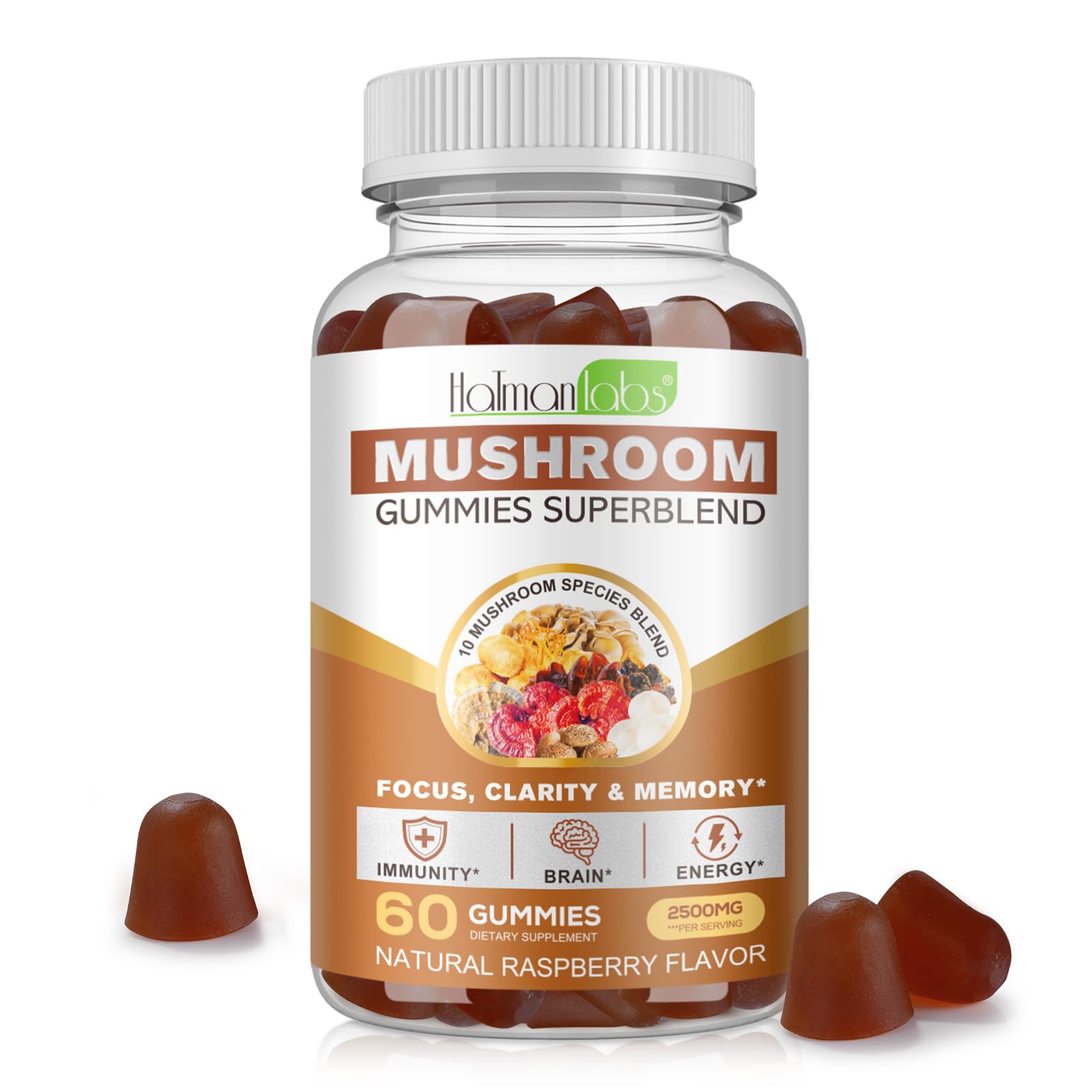 JYHSGD Super Mushroom Gummies for Adults, 10 Blend Mushroom Complex for Focus, Energy and Anxiety, Nootropic Brain Supplement for ADHD, Boost Immunity, Shitake, Reishi, Turkey-Tail, Chaga, 60pcs
