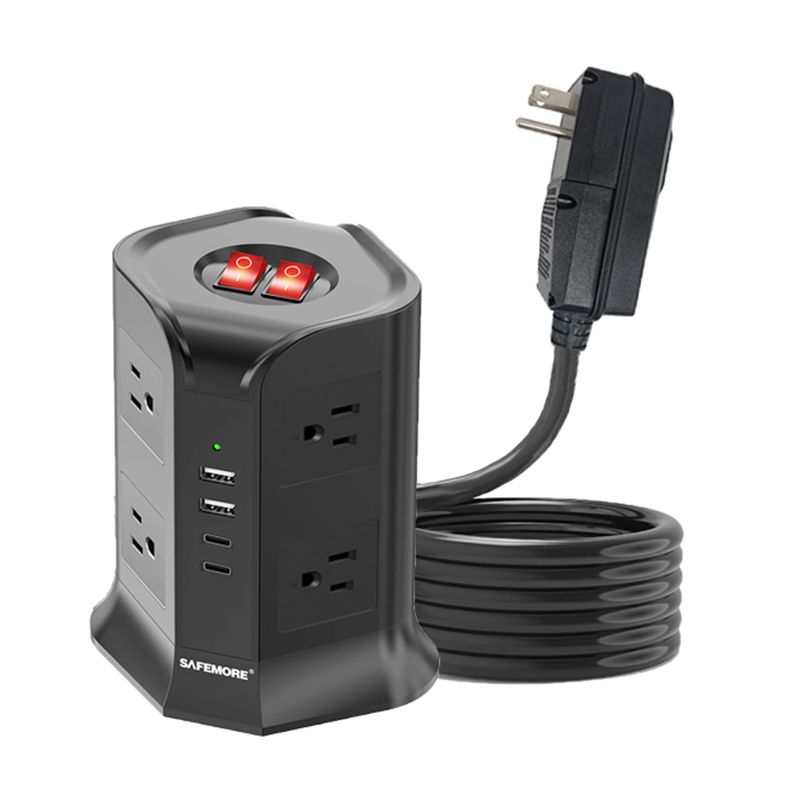SAFEMORE 12-in-1 Power Strip with 8 AC Outlets & 4 USB Ports (2 USB-C) - 6ft Heavy Duty Surge Protector with Auto-Reset GFCI, 10A Tower for Home Office, Dorm, Travel & Garage