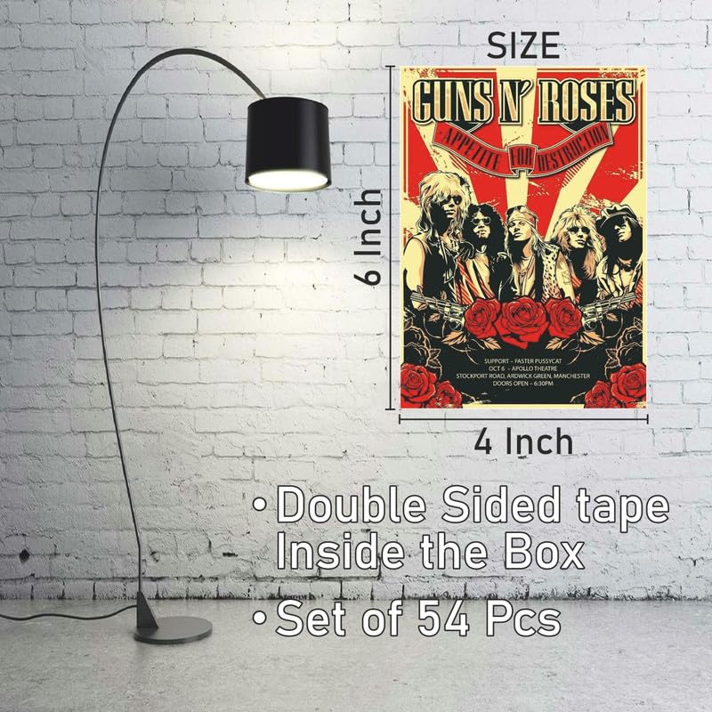 Image of POSTERONN Rock Band Wall Collage Kit 54 Aesthetic 4x6 Inch Music Posters Vintage Style Wall Art Decor for Bedroom Living Room Office Dorm Cardstock Photo Prints with Glue Dots Gallery Set