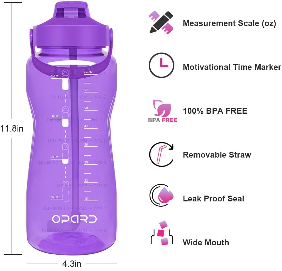 Opard 64 oz Water Bottle with Time Marker to Drink Half Gallon Motivational Water Bottle with Straw and Handle Large BPA Free Water Jug for Sports Gym Fitness