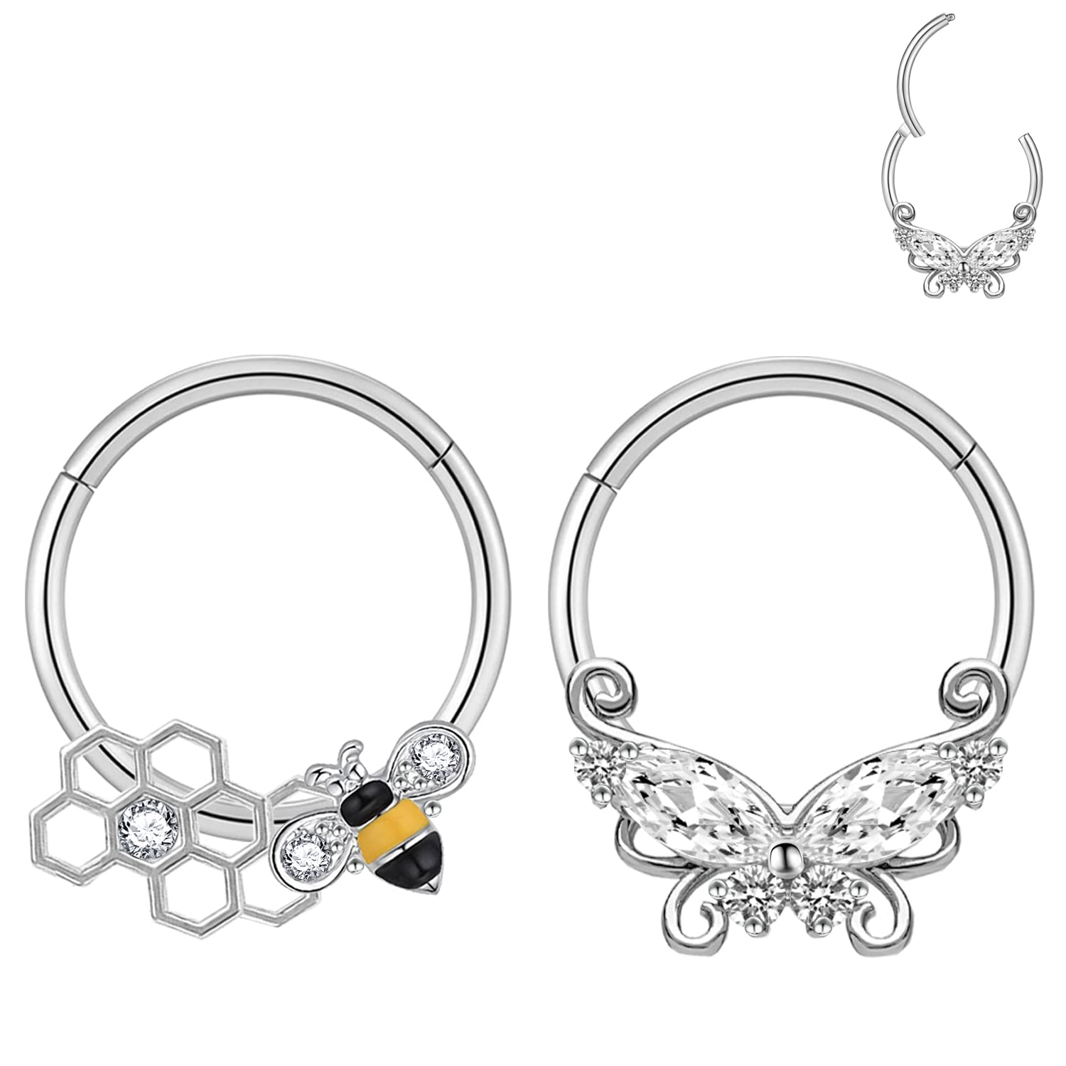 CHARMONLINE 16G 316L Stainless Steel Daith Earrings Hoop Butterfly Nose Ring Septum Hoop Hinged Segment Clicker Daith Clicker Helix Ear Piercing