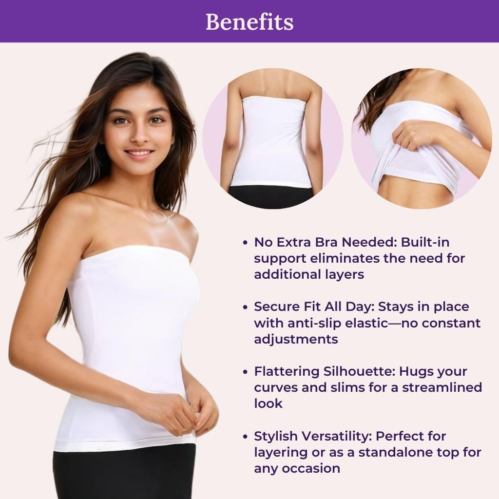 ADIRA | Tube Tops for Girls | Off-Shoulder Style | Built-in Bra | Secure Anti-Slip Elastic | Comfortable Support | Breathable Cotton Stretch | Modest Full Coverage | Pack of 1 | White | M 3