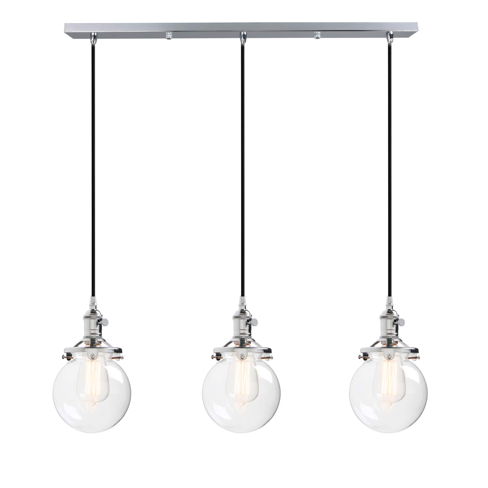 Phansthy Vintage Pendant Light with Switch, Adjustable Cord Wire Hanging Lamp Cluster Chandelier with Globe Clear Glass Shade, Indoor Modern Ceiling Light Fixtures for Kitchen Living Room (Chrome)