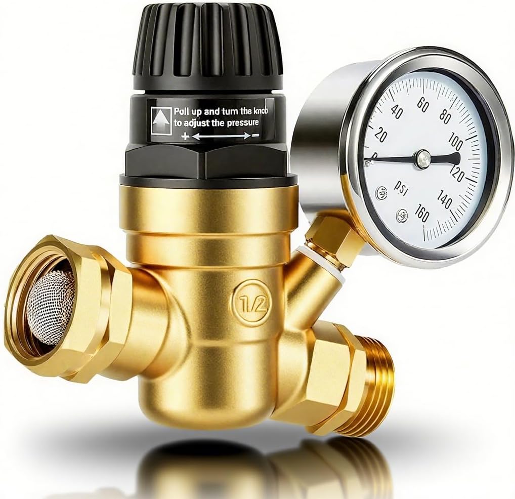LEZZON RV001A RV Water Pressure Regulator With Gauge, 0-160psi, Brass Body, Knob Valve, RV Accessories - View #2