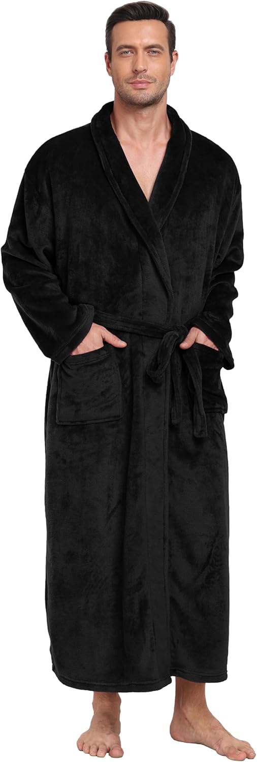 Mens Plush Fleece Robe Soft Shawl Collar Bathrobe Long Fluffy Spa Robes Winter Warm House Robe with Pockets - Image 2