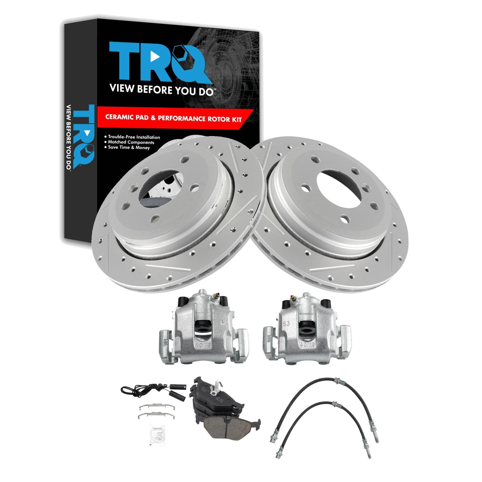 TRQ Performance Rear Brake Pad and Rotor Set Ceramic Slotted Drilled G Coated Rotors Calipers Compatible with 2001-2003 BMW 325xi