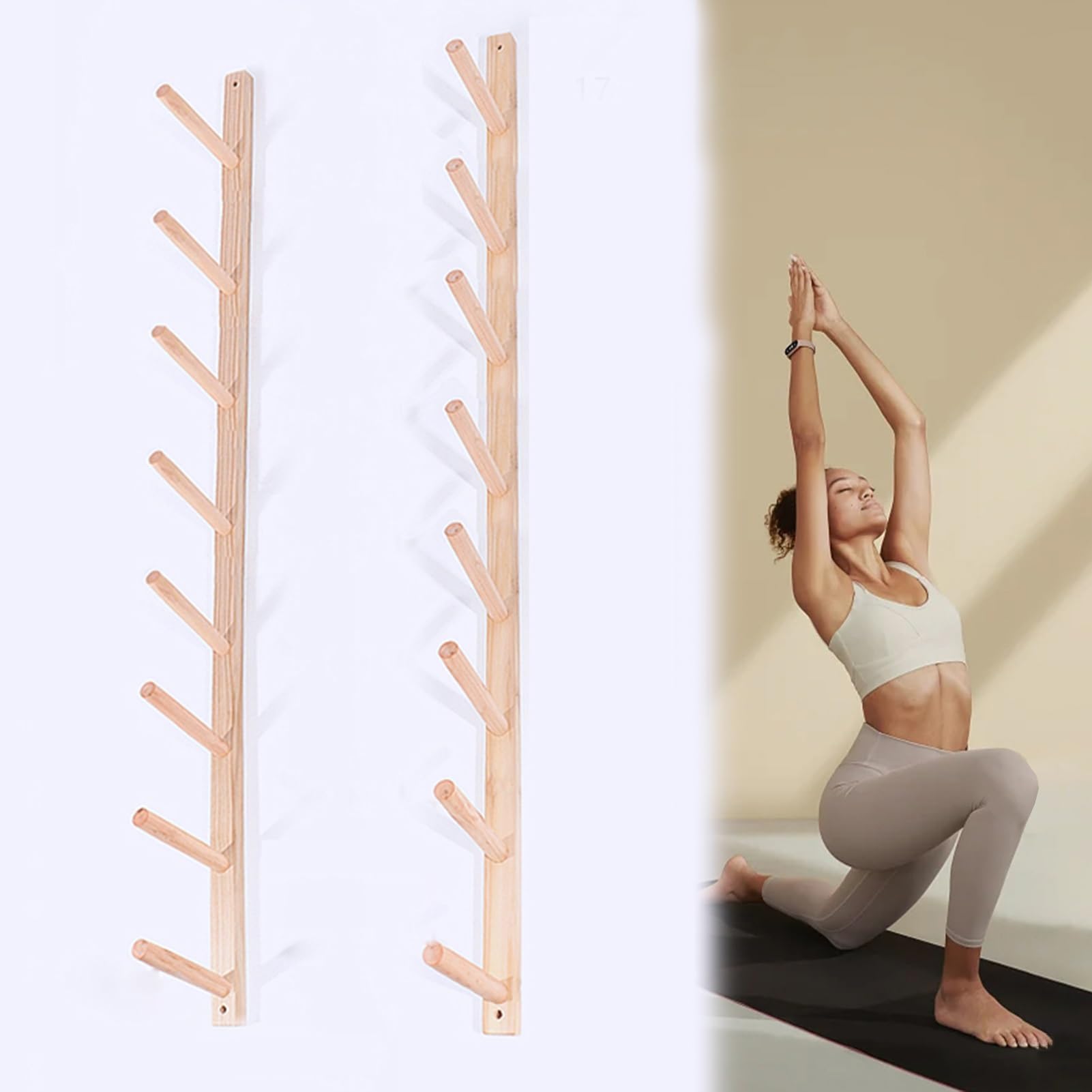 TUJOBA 8-Layer Yoga Mat Rack Wall Mount, Wooden Home Gym Studio Yoga Display Holder, Sectional Exercise Mats Storage Equipment Organizer