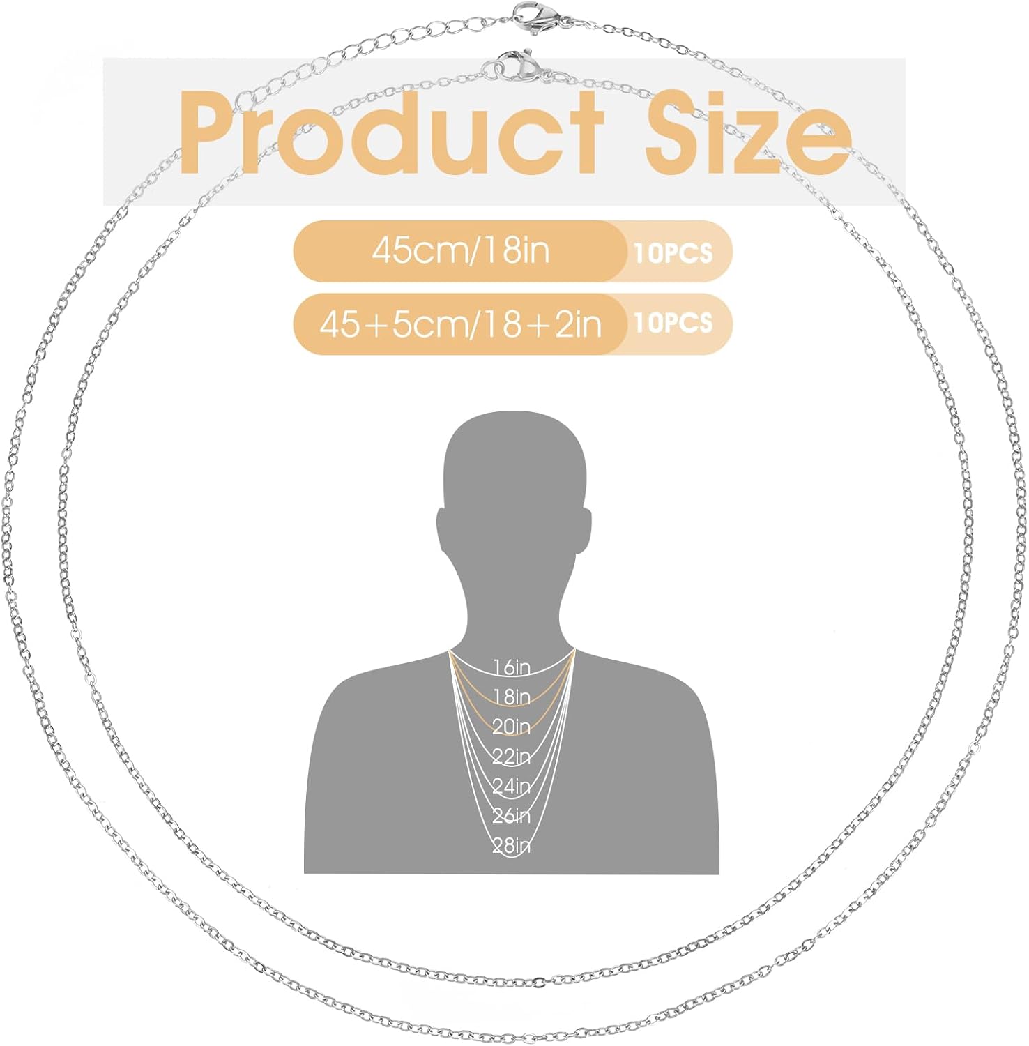 20 Pack Bulk Stainless Steel Chain, Necklace Chains for Jewelry Making, Silver Thin Chain (18 Inches + 20 Inches) - Image 3