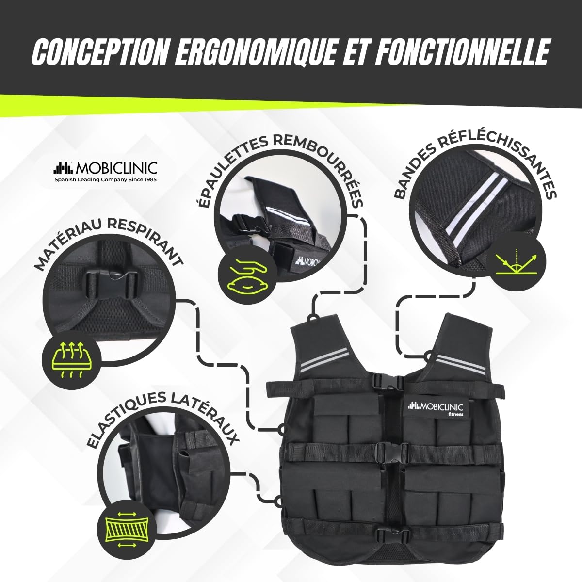 Mobiclinic®, Gilet Lesté, 10/20kg, Gilet de Poids, Réglable, Résistant, Tissu Oxford 600D, Poids Inclus, Bandes Réfléchissantes, Respirant, Gilet avec Poids pour Entraînement Fitness, Iron