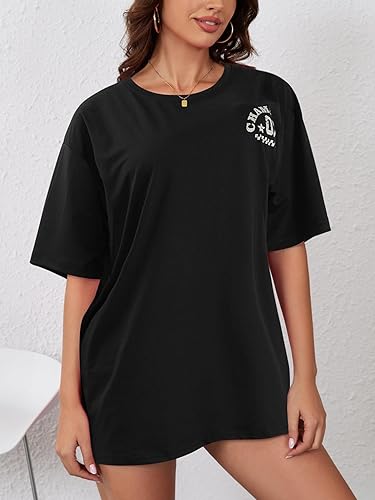 Miniatura 6 de YIJIU Camisetas de gran tamaño con estampado de letras para mujer, manga corta, holgadas, casuales, para verano