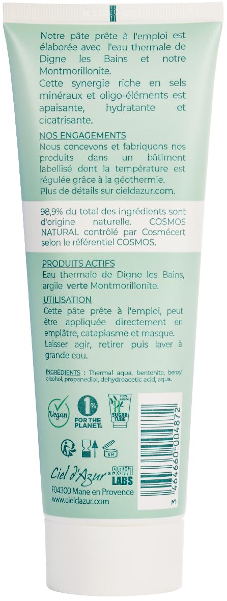 Ciel d'Azur Labs - Pâte d'Argile Verte à l'Eau Thermale - Prête à l'Emploi, Idéale pour Cataplasme - Riche en Sels Minéraux et Oligo-Éléments - Certifié Naturel Cosmos Natural - Tube 250ml