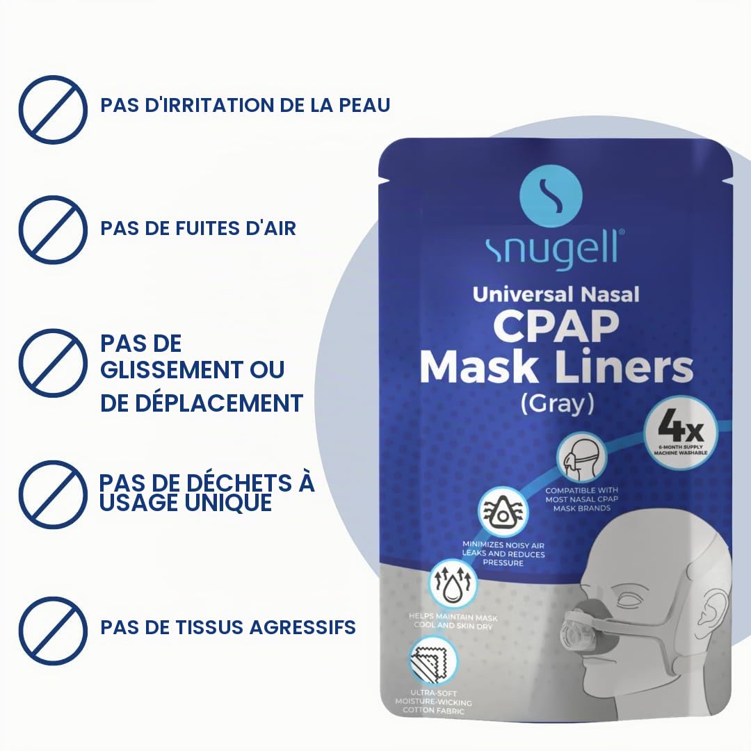 Snugell Lot de 4 doublures universelles de masque nasal CPAP – Gris – Tissu ultra doux pour la compatibilité majeure des masques nasaux CPAP – Housses de coussin réutilisables et lavables pour 6 mois