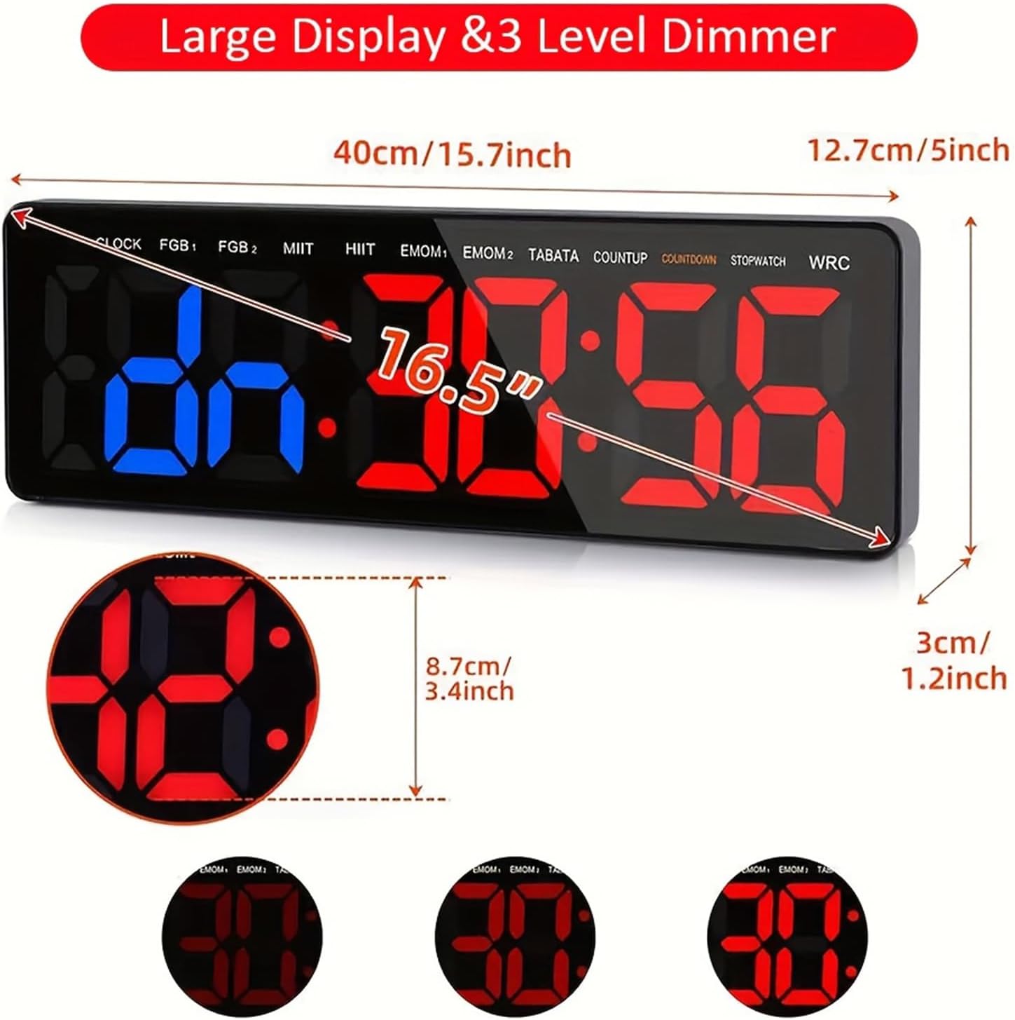 Gym Timer 16.5" Large LED Display Wall Clock, Upgraded Workout Interval Timer Count Down & Up Stopwatch, Large LED Digital Display for Fitness, Home Garage and Outdoor