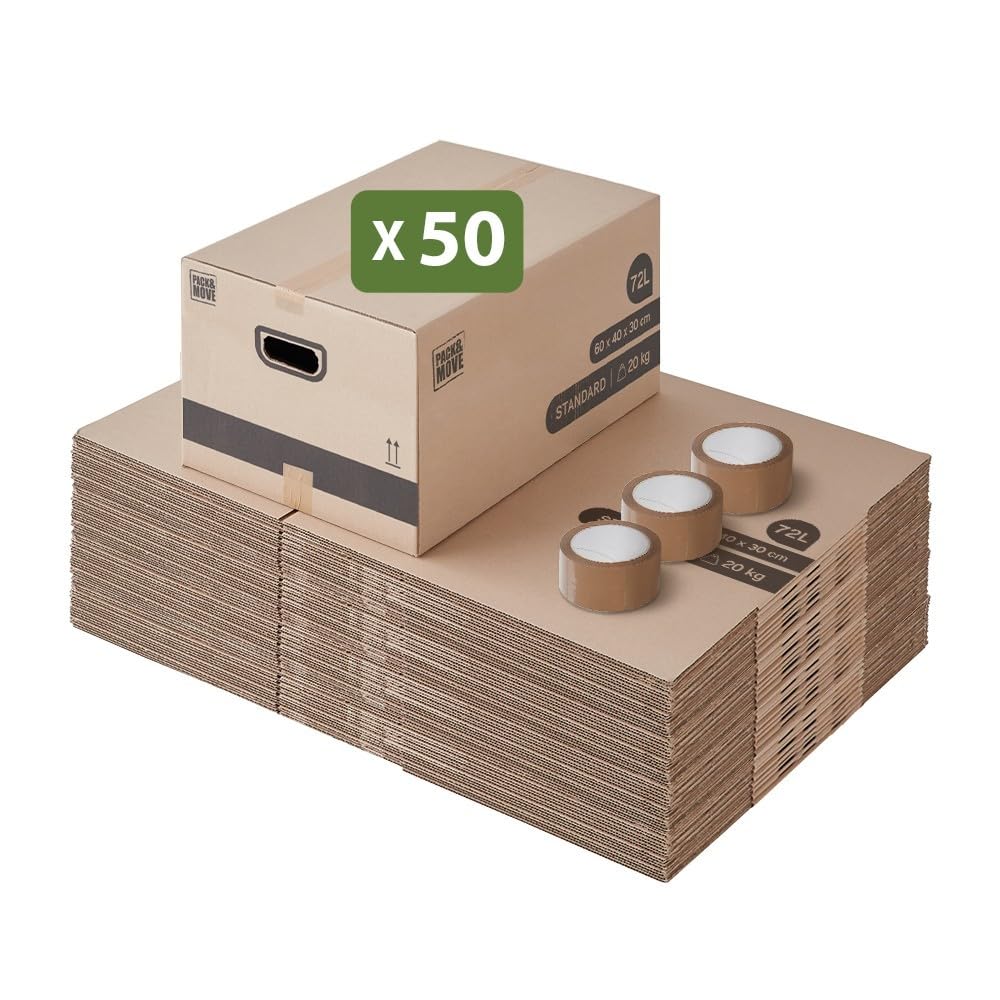 Pack and Move - Zestaw 50 kartonów do przeprowadzki M - 60 x 40 x 30 cm - wzmocnione uchwyty - 3 naklejki w prezencie