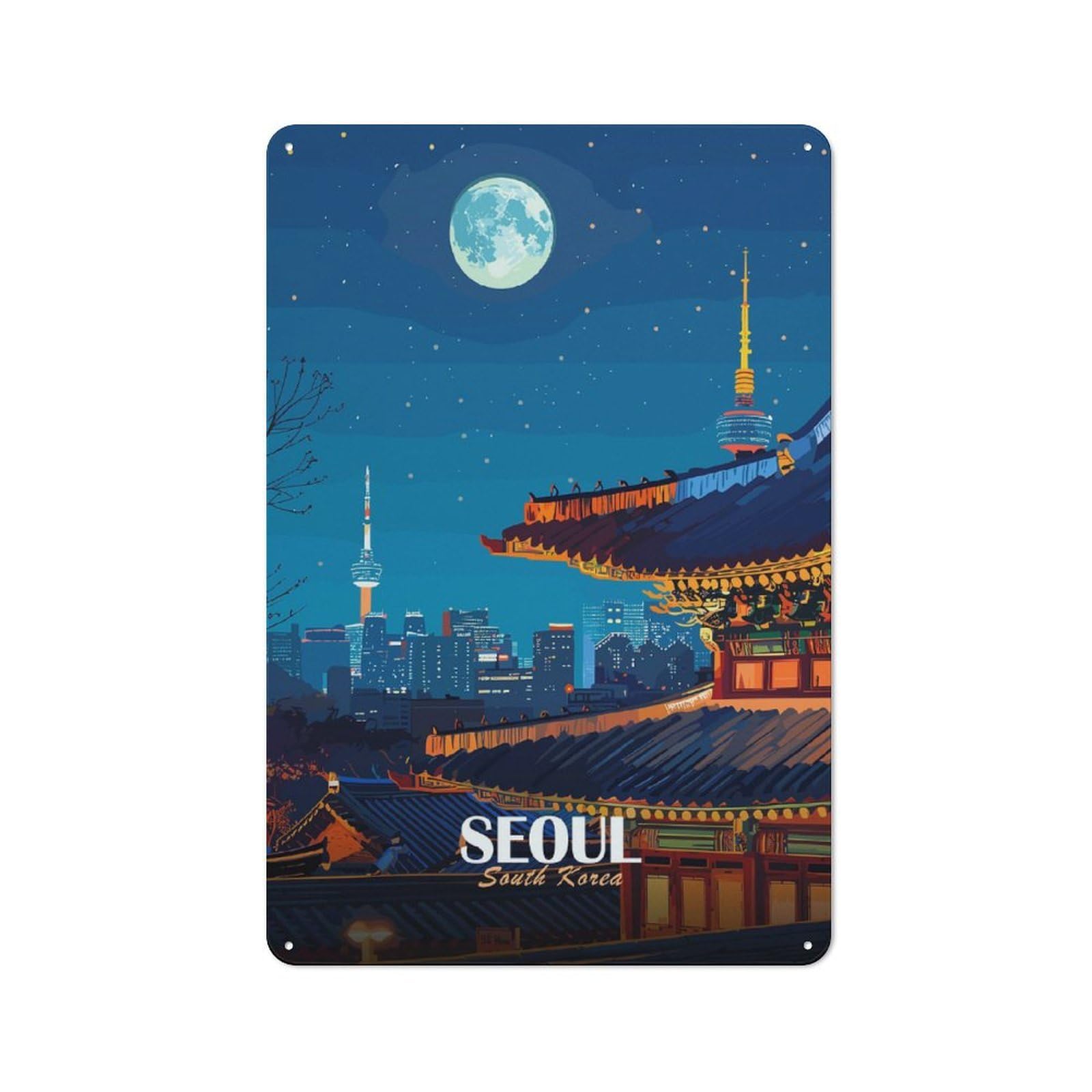 Junmoney Style-24 Seoul South Korea Nightscape Illustration Classic Metal Wall Decor 30X20cm, Office Metal Sign For Workspace, Cafe, Shop Or Desk Area
