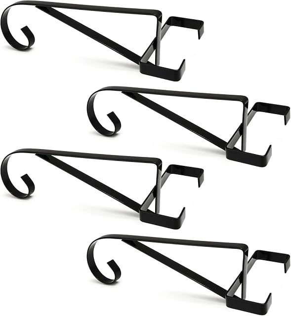JMIATRY 4 Pcs Heavy Duty Hanging Basket Bracket, No Drill Fence Post Brackets for Concrete Posts, Black Iron Wall Hanging Bracket for Plants Pots Lanterns Bird Feeders