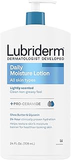 Lubriderm Daily Moisture Lotion + Pro-Ceramide, Shea Butter & Glycerin, Hydrating Face, Hand & Body Lotion, 24-hour Moisturizer for Dry Skin, Paraben & Dye Free, Scented, Non-Greasy, 24 FL OZ