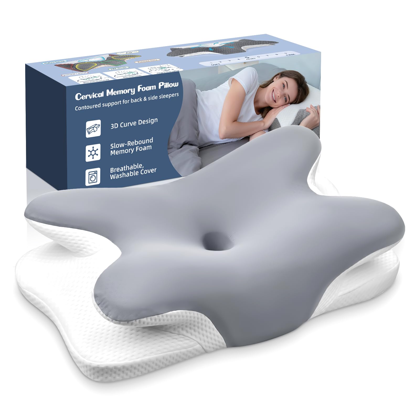 2 en 1 Almohada Cervicales y Cuello, Almohada de Espuma Viscoelástica, Almohada Cervical, Diseño Mariposa, Puede Aliviar el Dolor de Cuello, para Soporte de Cabeza Cuello Hombro