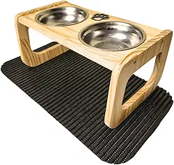 Comedouro Elevado de Madeira Pinus para Cães Médios | Tigelas Inox 700 ml, Removíveis | Acompanha Tapete Antiderrapante 43x33cm | Acabamento em Óleo Mineral Atóxico (Preto)
