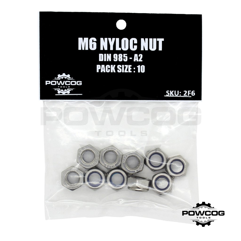 Powcog M6 Nyloc Nut - A2 Stainless Steel Lock Nuts Grade 304 Metric - Din 985 - By Powcog® - Pack Of 10