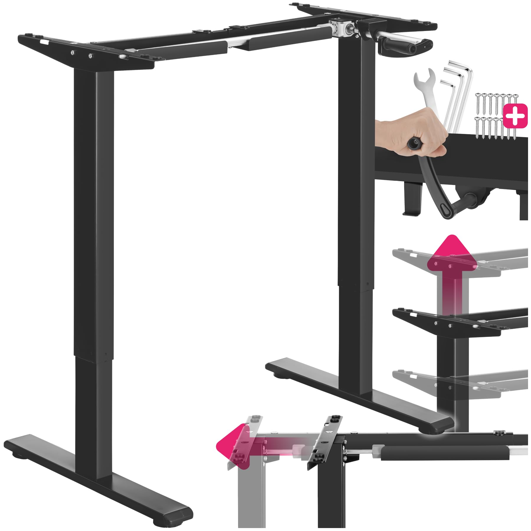 TecTake® Escritorio Ajustable en Altura con manivela, Estructura de Acero, Ancho Ajustable, Capacidad de Carga 70 kg, Mesa elevable, Escritorio Ordenador, Mesa Escritorio elevable - Negro