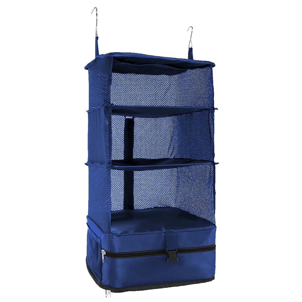 Jonuin Hanging Suitcase Organizer, 3-Shelf Instant Wardrobe with Metal Hooks, Portable Hanging Travel Shelves, Foldable Hanging Travel Storage Organiser for Clothes, Towels, Toys, Shoes (Navy Blue)