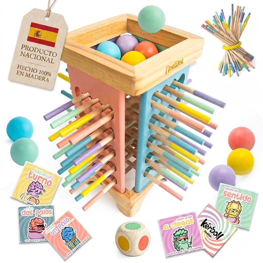 Kerball Up Jouets Montessori 3 4 5 ans en bois – Jeux de table éducatifs pour enfants Motricité fine | Tour amovible avec cartes et dés | Cadeau original pour fille