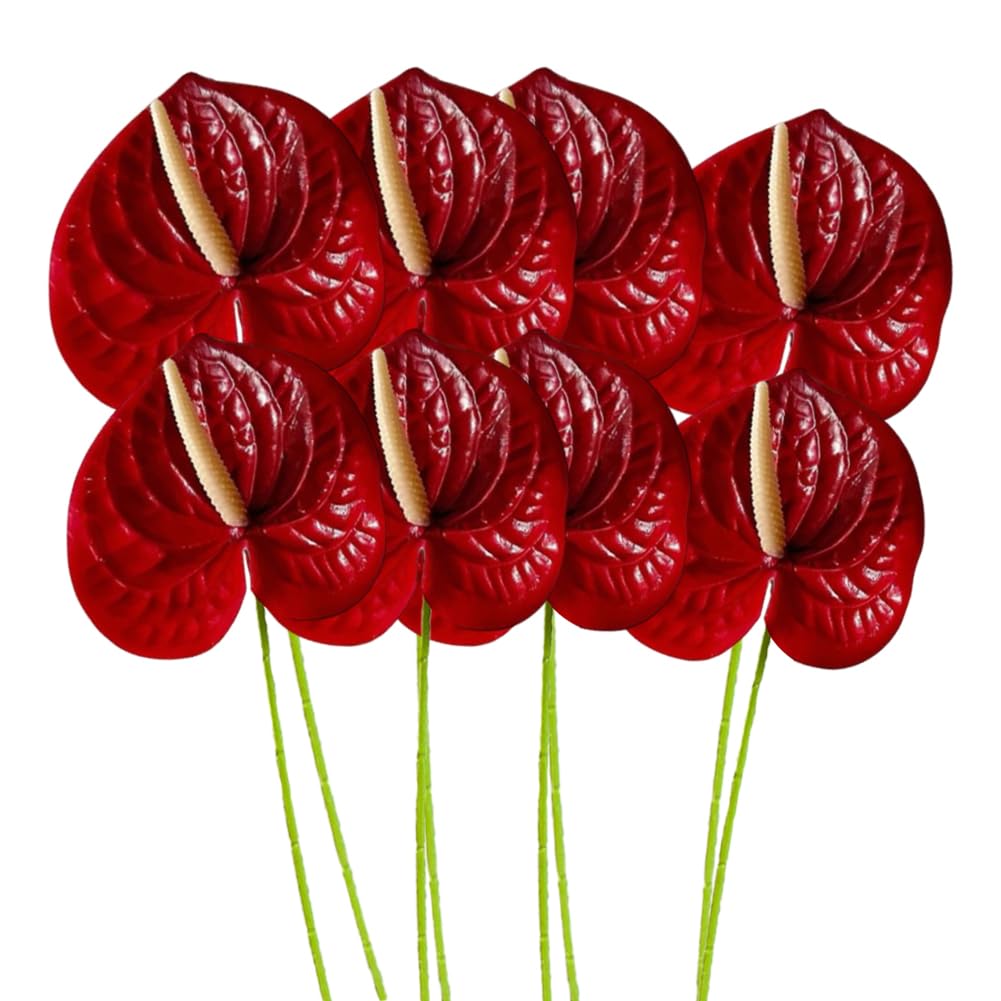 8 Pcs 24inch Artificial Anthurium Lily Flowers Permanent Fake Flower for Home Table Centerpieces Arrangement Bouquet and Green Leaf for Bridal Wedding Festival Party (Red)
