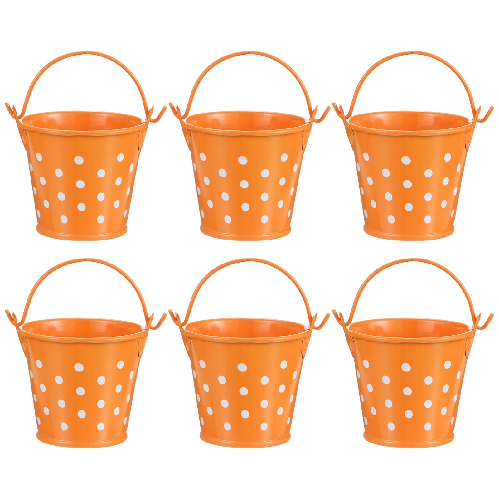 M METERXITY 6-Pack Small Metal Bucket with Handle, 2.4 x 2 Inch Iron Mini Buckets for Farmhouse Flower/Garden Planters/Decorative Table Centerpieces [Polka Dots, Orange]