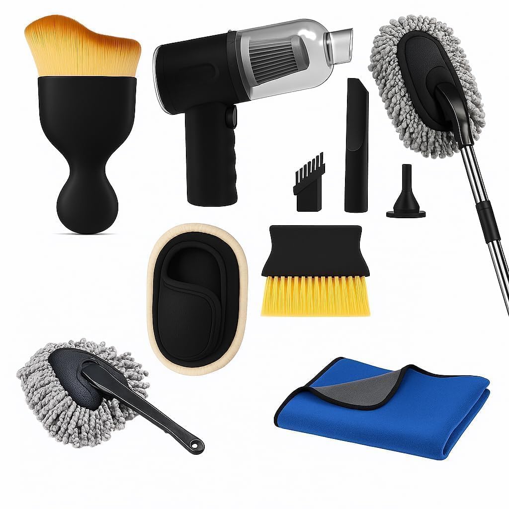 7 PCS Car Cleaning Kit | 3-in-1 Mini Vacuum Cleaner, Microfiber Cloth, Big Duster, Glove, Wheel & AC Vent Brush, Extended Handle for Car, Truck & Bike Care-image-40