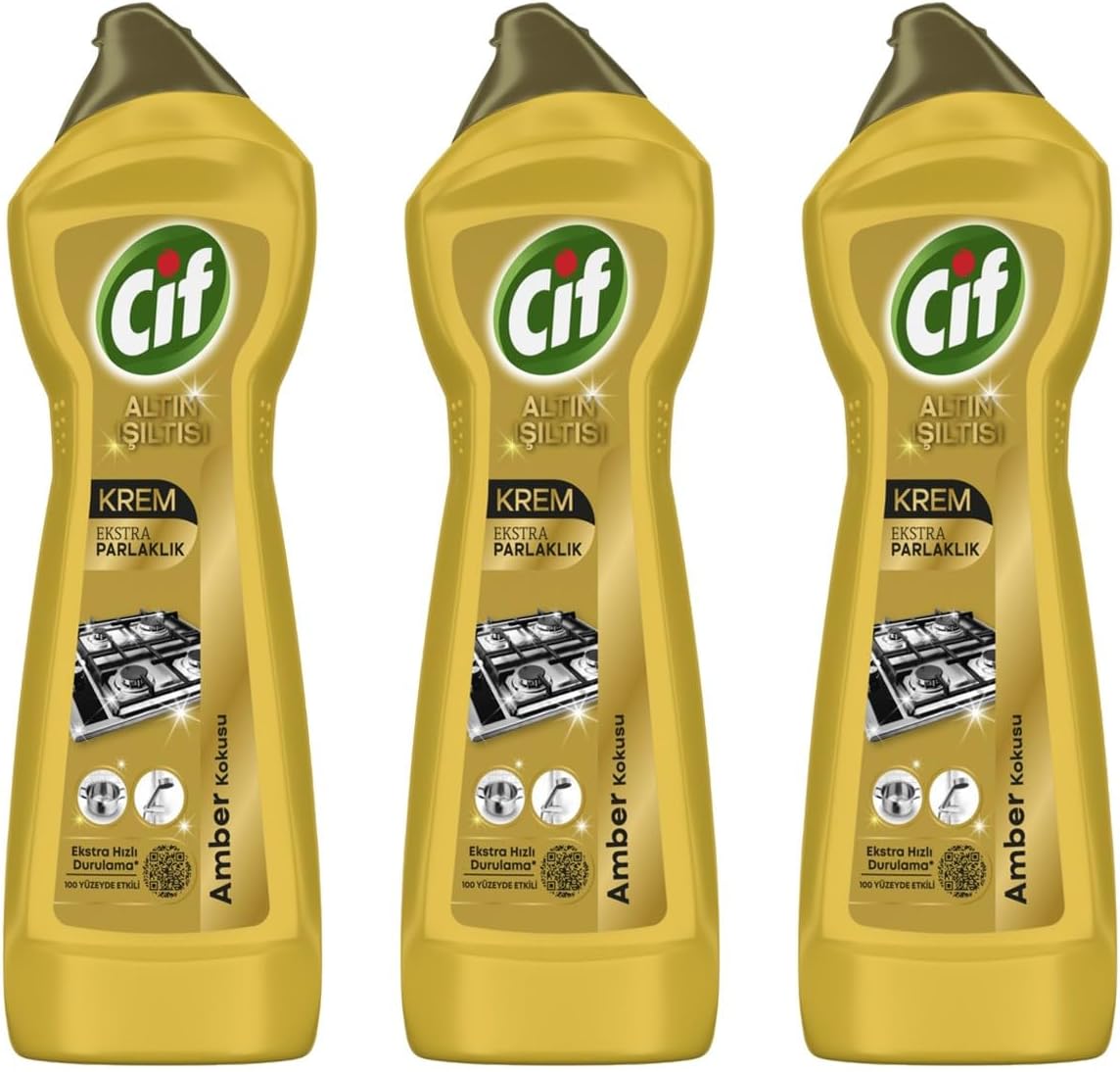 Cif Krem Ekstra Parlaklık Altın Serisi Temizleyici, 500 ml, 3'lü Paket, Mutfak Yüzeyleri İçin