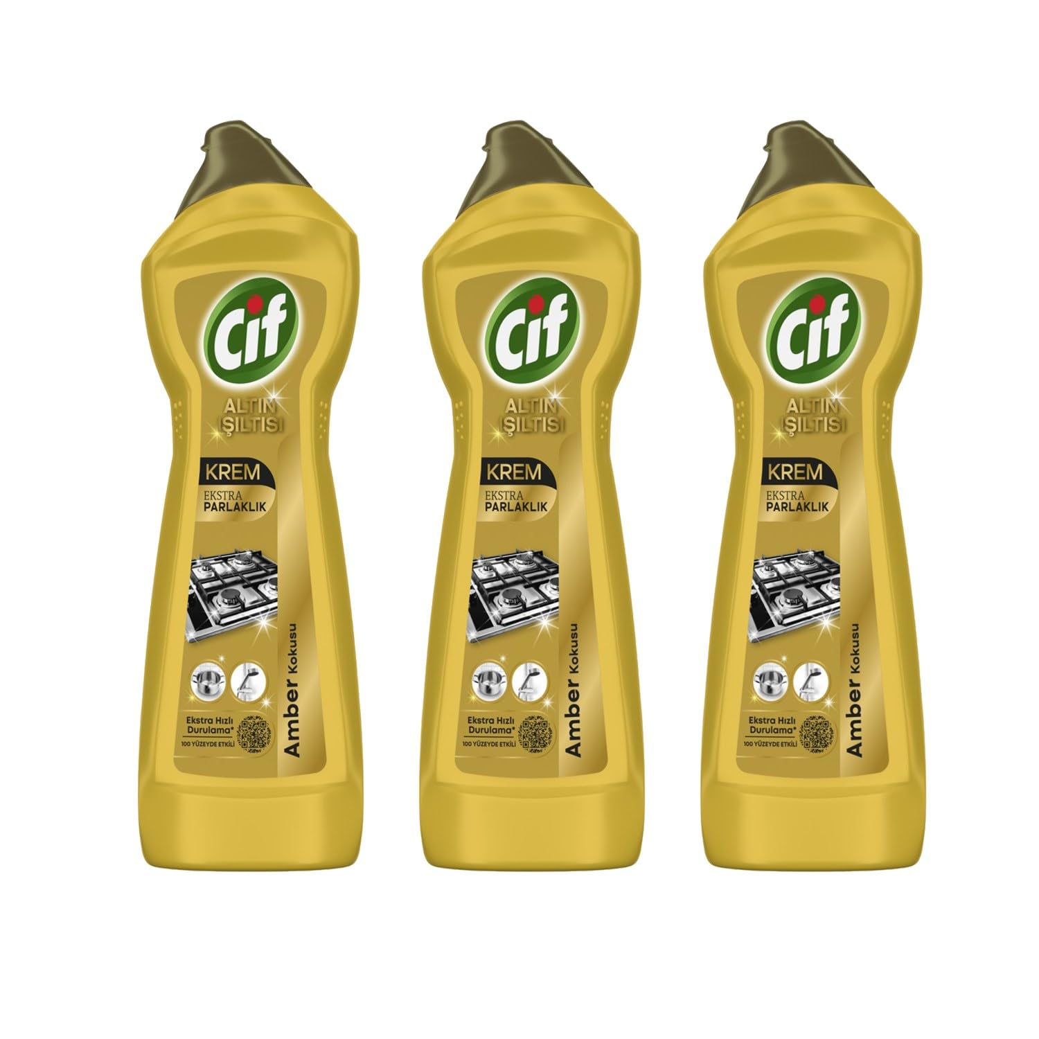 Cif Krem Ekstra Parlaklık Altın Serisi Temizleyici, 500 ml, 3'lü Paket, Mutfak Yüzeyleri İçin